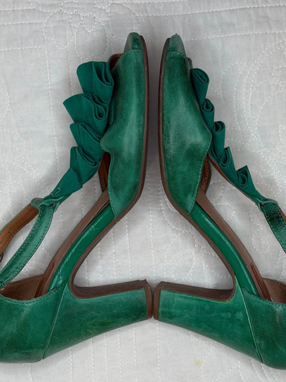 Miz Mooz Sailor Green Leather T-Strap Ruffled Heels Retro Y2K Classic Women 8 - Picture 6 of 13